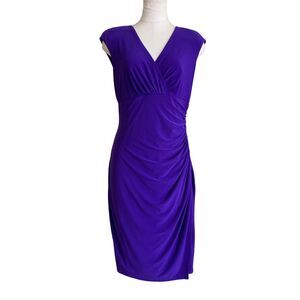 Lauren Ralph Lauren Dress Size 10 Purple Faux Wrap Ruched Cap Sleeve V Neck